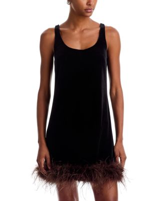 Aqua Velvet Feather Trim Mini Dress - Exclusive