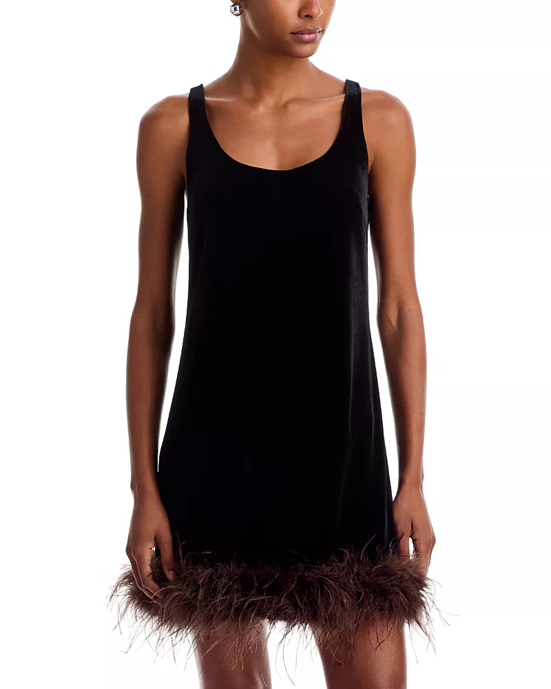 Aqua Velvet Feather Trim Mini Dress - Exclusive