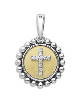 18K Yellow Gold & Sterling Silver Signature Caviar Diamond Cross Bead Frame Pendant, 0.05 tcw