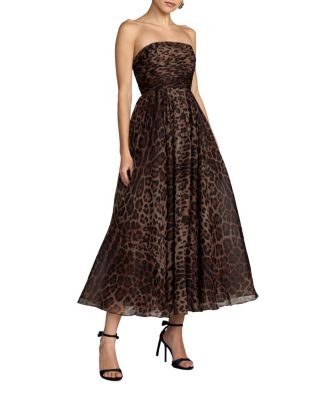  Leopard Strapless A-Line Chiffon Midi Dress