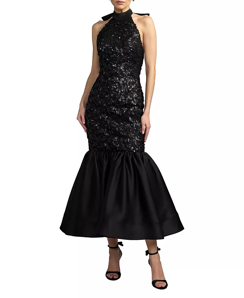Mac Duggal Sequin Lace & Satin Halter Neck Mermaid Midi Dress