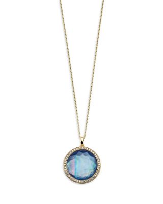 18K Yellow Gold Lollipop Quartz over Mother of Pearl over Lapis Triplet & Diamond Halo Pendant Necklace, 16-18"
