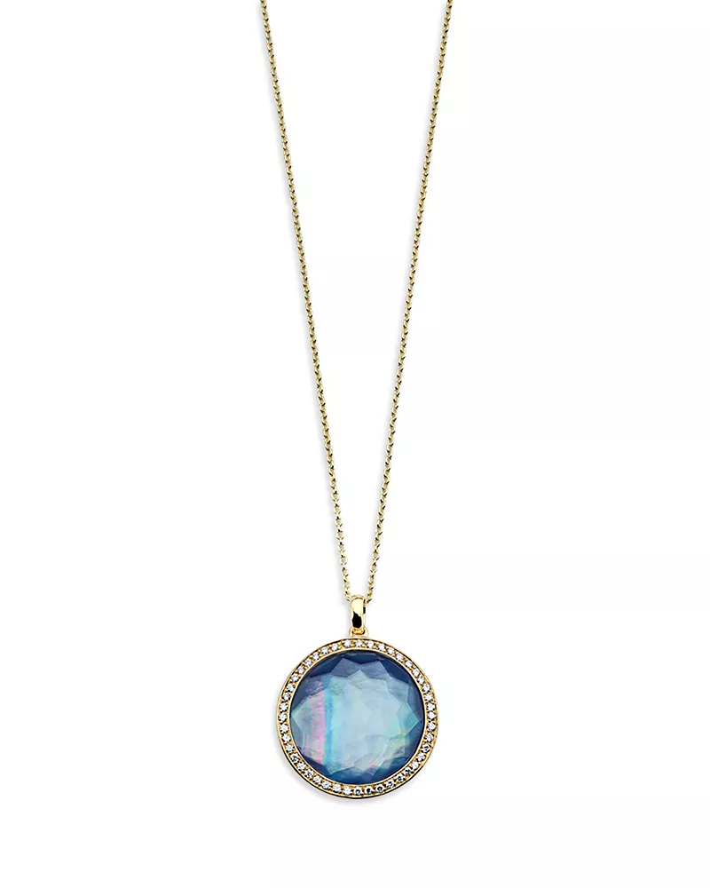 Ippolita 18K Yellow Gold Lollipop Quartz over Mother of Pearl over Lapis Triplet & Diamond Halo Pendant Necklace, 16