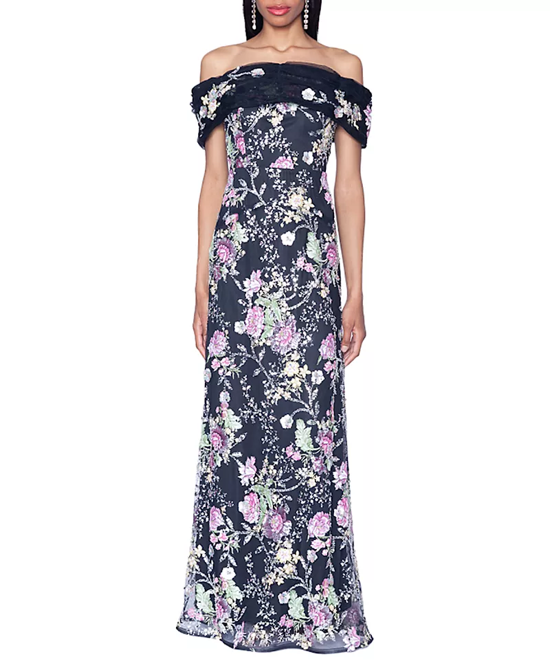Shani V-Neck Off The Shoulder Novelty Embroidery Gown