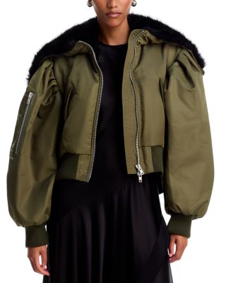 Split Faux Fur Hood Cropped Bomber Jacket