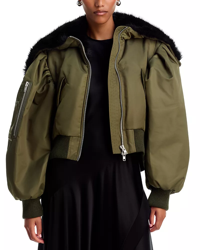 Simone Rocha Split Faux Fur Hood Cropped Bomber Jacket