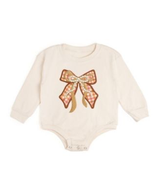 Girls' Cinnamon Plaid Bow Patch Long Sleeve Romper - Baby