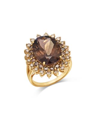Smokey Topaz & Champagne Diamond Ring in 14K Yellow Gold, 1.6 tcw
