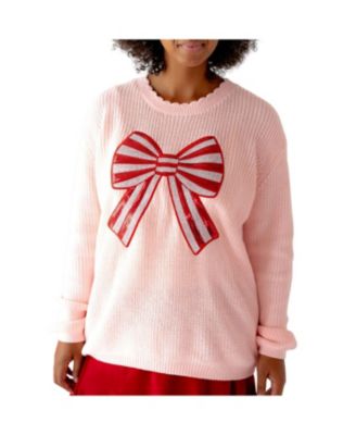  Candy Cane Sequin Bow Patch Christmas Women's Sweater