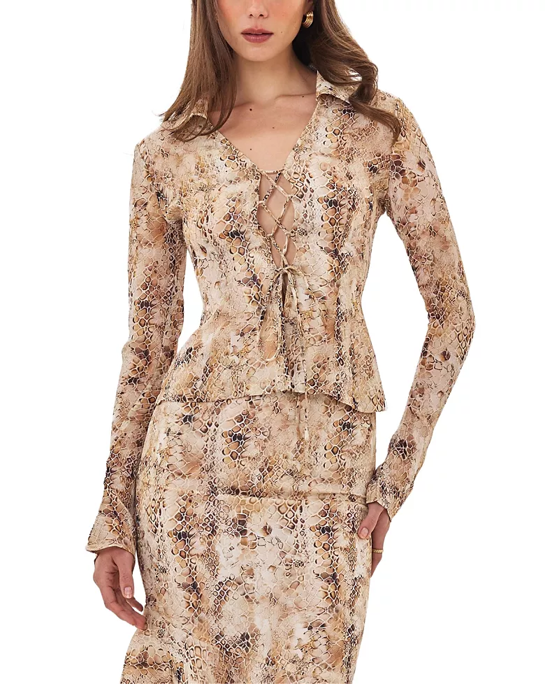 Miss Circle Umara Reptile Print Chiffon Tie-Front Top