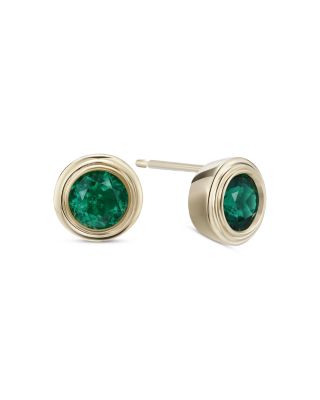 10K Yellow Gold Lab Grown Emerald May Birthstone Bezel Stud Earrings