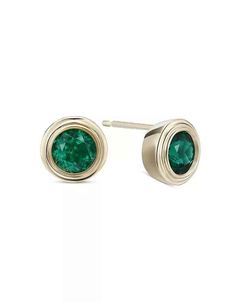 Moon & Meadow 10K Yellow Gold Lab Grown Emerald May Birthstone Bezel Stud Earrings
