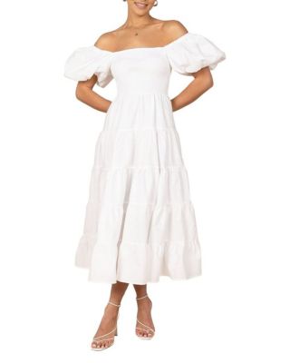  Annette Puff Sleeve Shirred Midi Dress