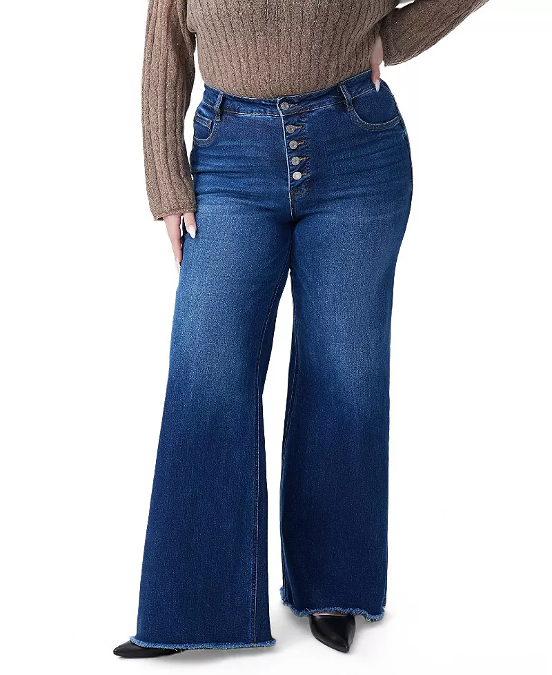 Bayeas Plus High Rise Wide Leg with Frayed Hem Denim Jeans in Mirror