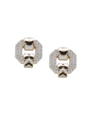 Platinum & 18K Yellow Gold Chevron Diamond and Black & White Enamel Stud Earrings, 3.21 tcw