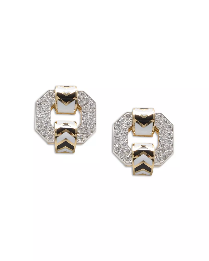 David Webb Platinum & 18K Yellow Gold Chevron Diamond and Black & White Enamel Stud Earrings, 3.21 tcw