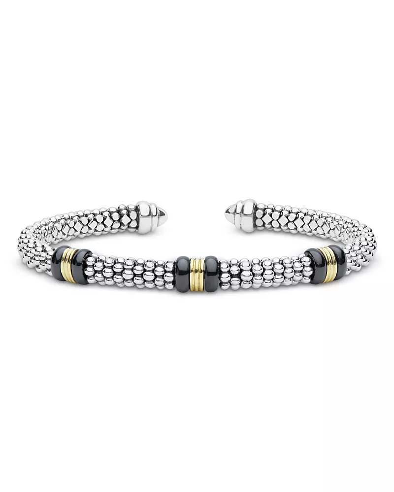 Lagos Sterling Silver & 18K Yellow Gold White Caviar Cuff Bracelet