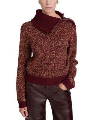 Marled Merino Wool Cowl Neck Zip Sweater