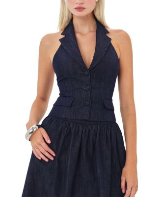  Mavis Denim Halter Single-Breasted Lapel Top