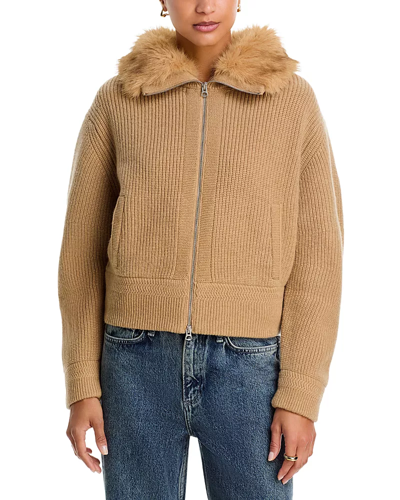 rag & bone Amelia Wool & Faux Fur Ribbed Zip Cardigan