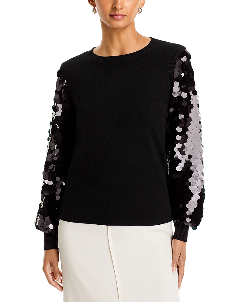 Sioni Mixed Media Sequined Puff Sleeve Sweater In Black