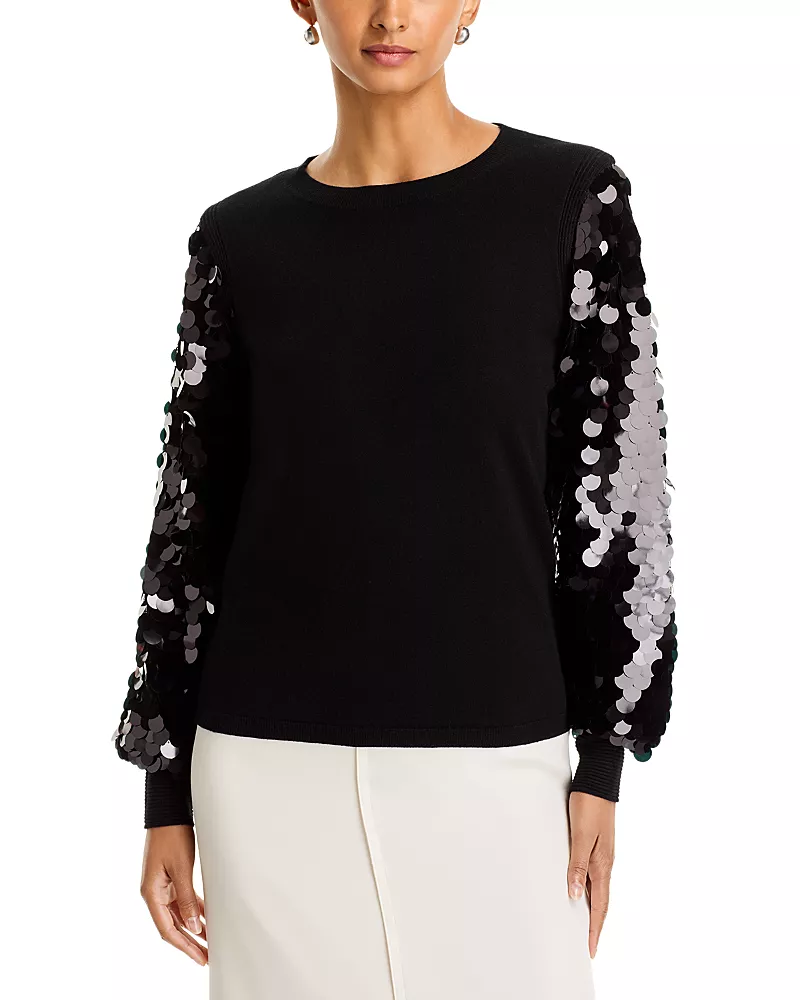 Sioni Mixed Media Sequined Puff Sleeve Sweater