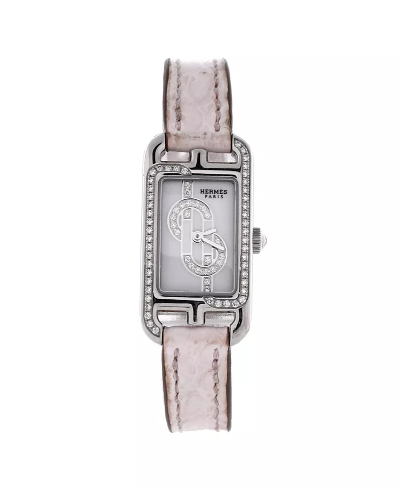 Pre-Owned HERMES Nantucket Quartz Watch in Stainless Steel and Alligator with Diamond Dial and Bezel 17mm