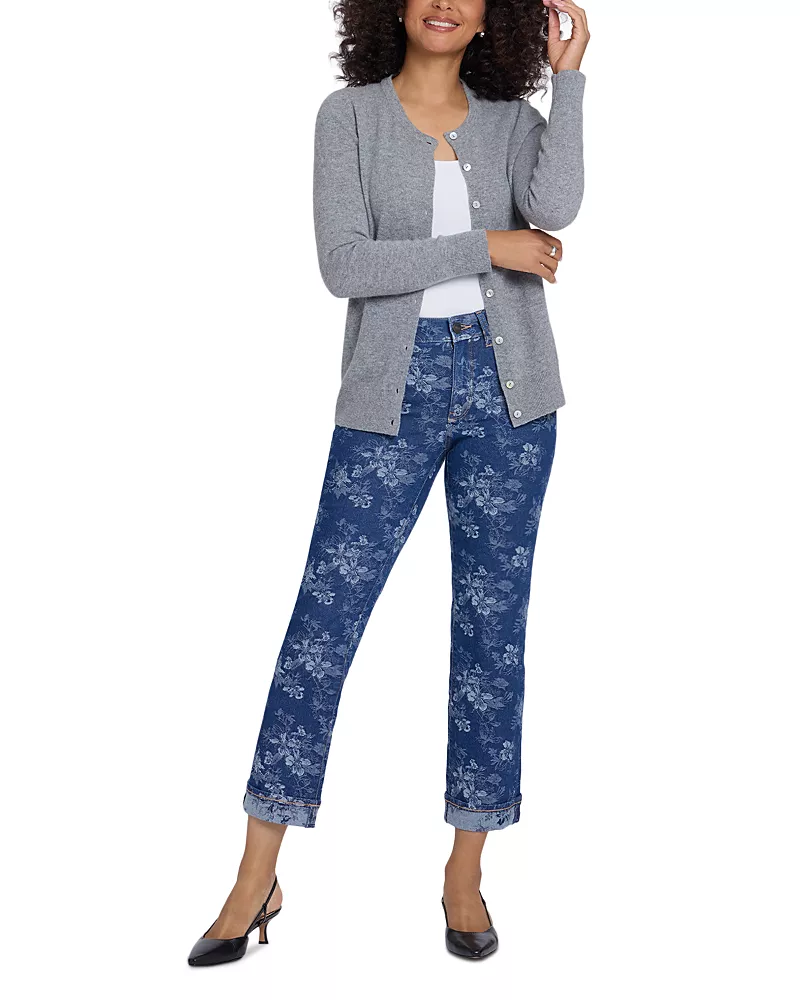 Nydj Marilyn High Rise Cuffed Straight Ankle Jeans in Floral Jacquard Indigo