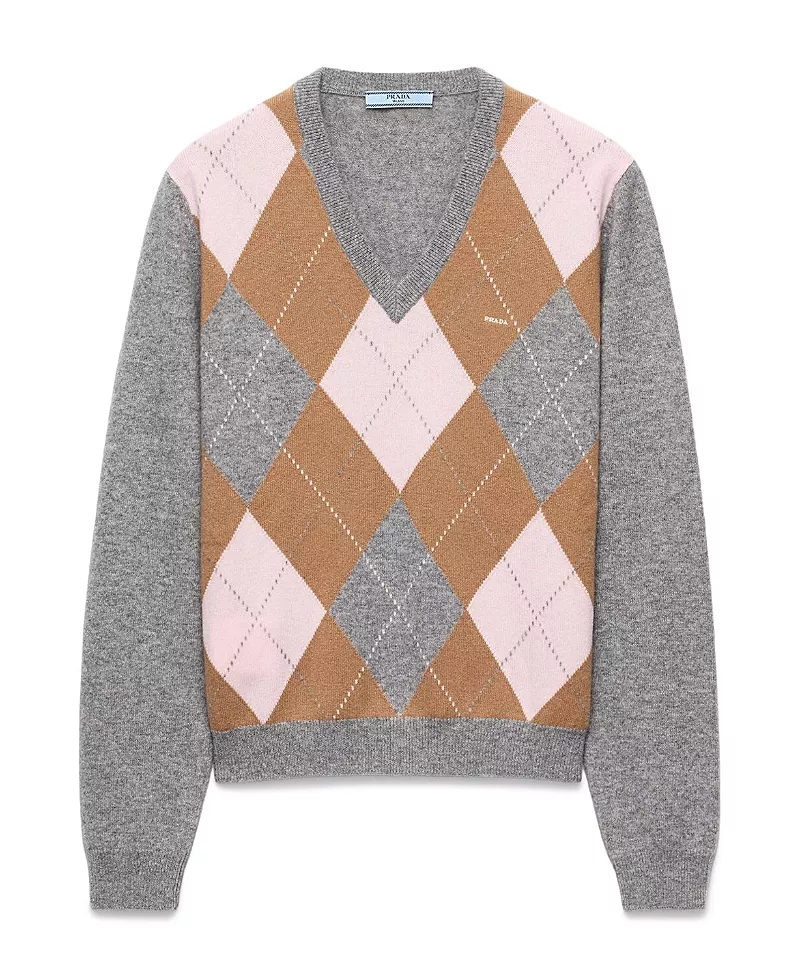 Prada Argyle Cashmere V-Neck Sweater