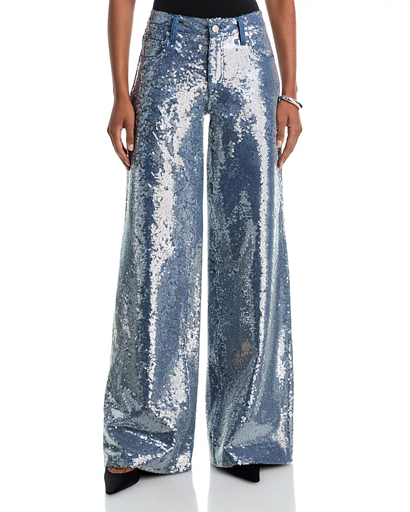 Alice and Olivia Amazing Sequin Embellished Low Rise Baggy Jeans in Brooklyn Blue