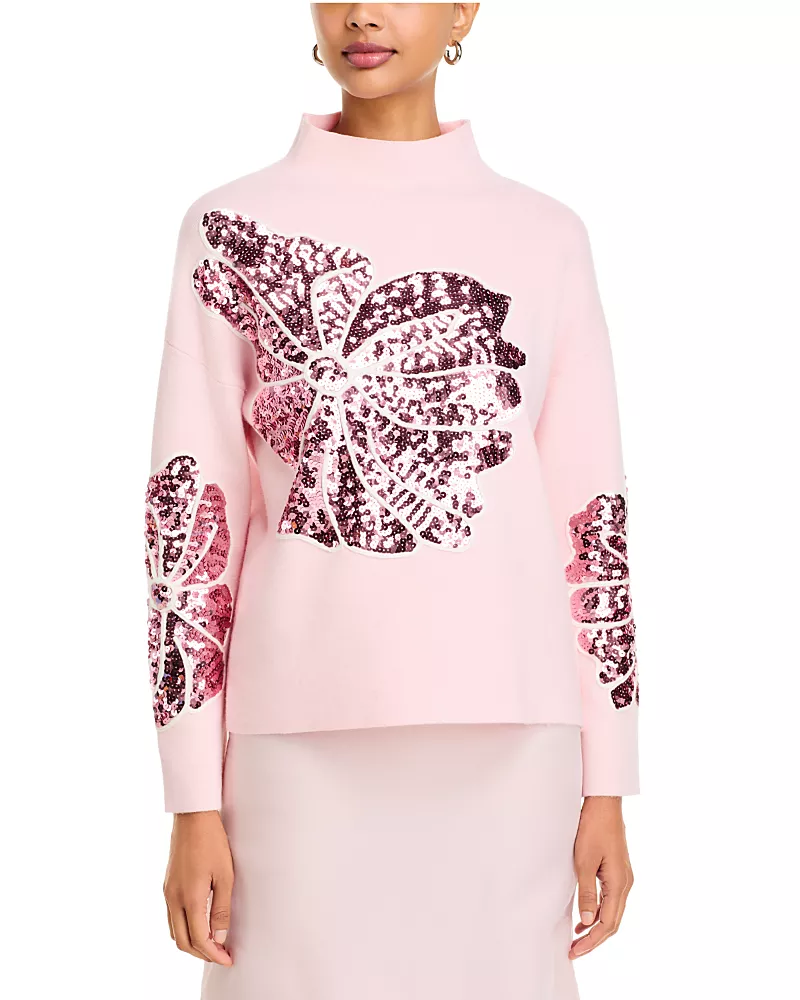 T Tahari Sequin Soutache Funnel Neck Sweater