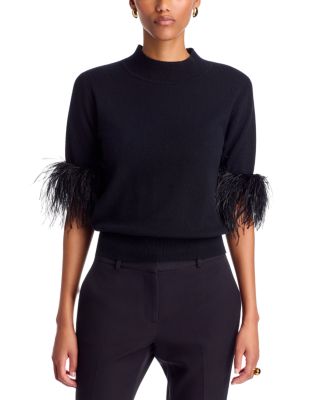 Milly Feather Trim Short Sleeve Sweater
