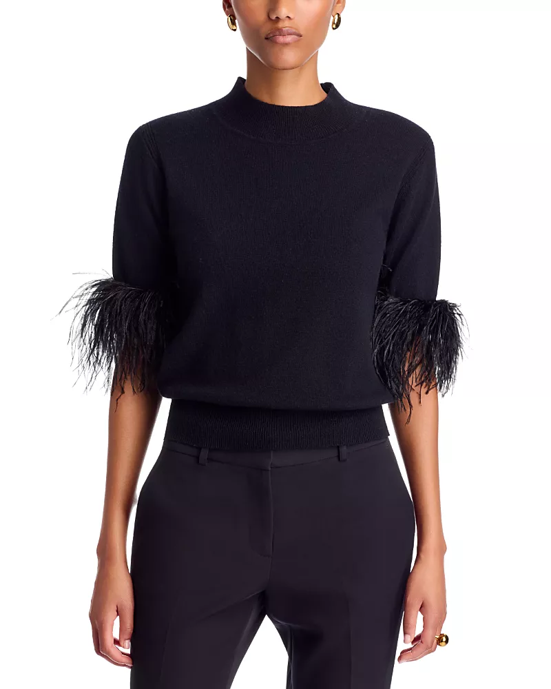Milly Feather Trim Short Sleeve Sweater