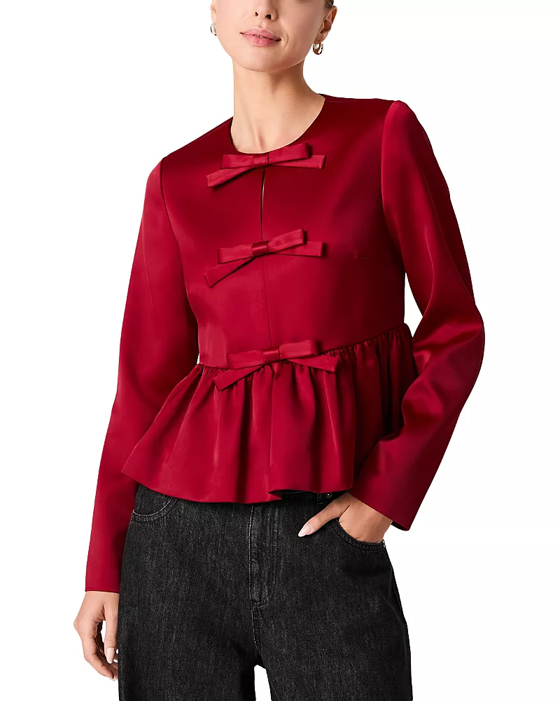 French Connection Carey Satin Bow Embellished Peplum Top
