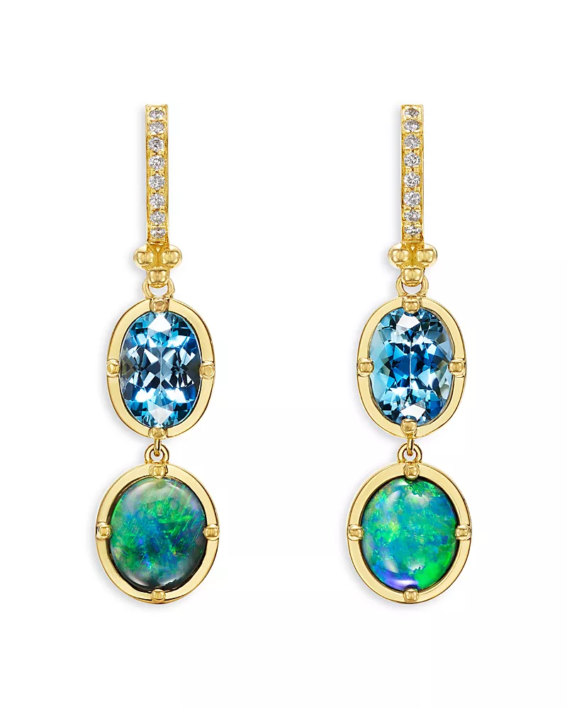 Temple St. Clair 18K Yellow Gold Diamond, Black Opal & Aquamarine Double Drop Earrings