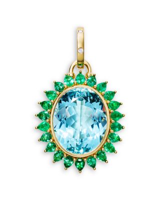 Temple St. Clair 18K Yellow Gold Emerald, Diamond & Aquamarine Color Theory Halo Pendant