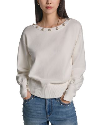 Imitation Pearl Trim Boat Neck Sweater