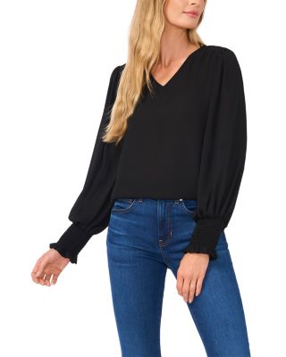 V Neck Smocked Cuff Blouse