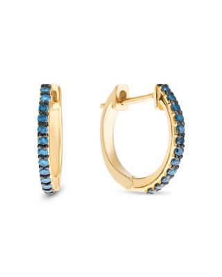 14K Yellow Gold Blue Diamond Hoop Earrings, 0.12 tcw