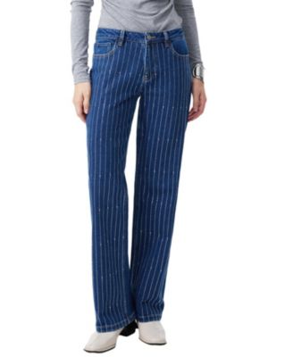 Mid Rise Straight Leg Denim Jeans with Rhinestone in Zett Wash