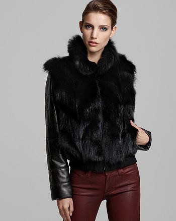 Maximilian Furs Maximilian Fox Fur Bomber Jacket with Leather Sleeves ...