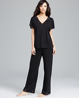 Shop Natori Zen Floral Lace-trim Short Sleeve Pajama Set In Black