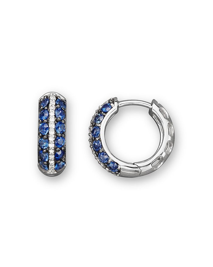 14K WHITE GOLD PLATED 925 STERLING SILVER BLUE SAPPHIRE WAVE HUGGIE EARRINGS 