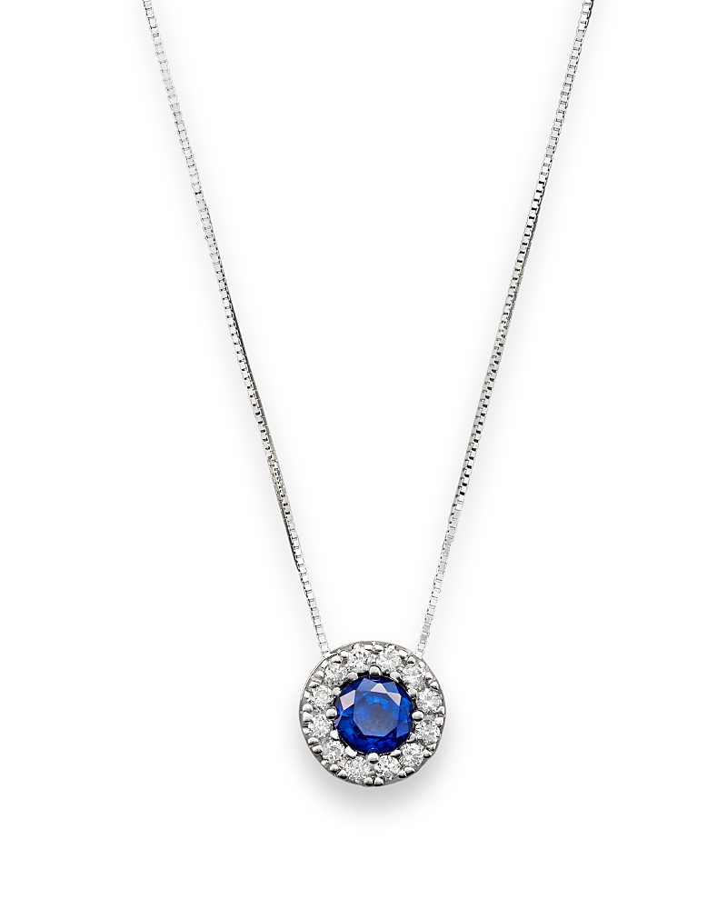Blue Sapphire and Diamond Halo Pendant Necklace in 14K White Gold, 18