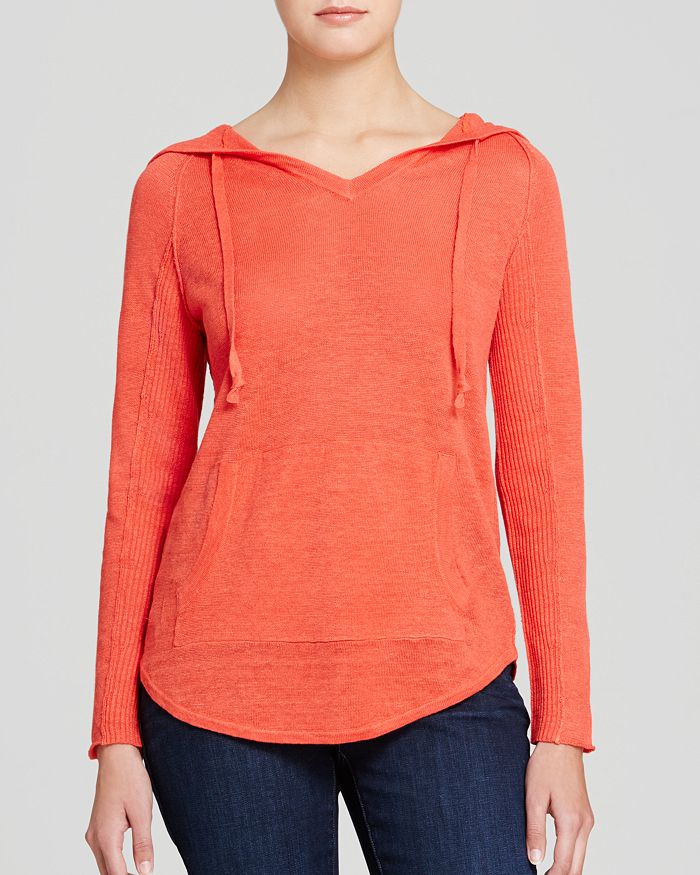 EILEEN FISHER Womens Gray Knit Tie Textured Raw Hem And Cuffs Heather Long Sleeve Hoodie Top