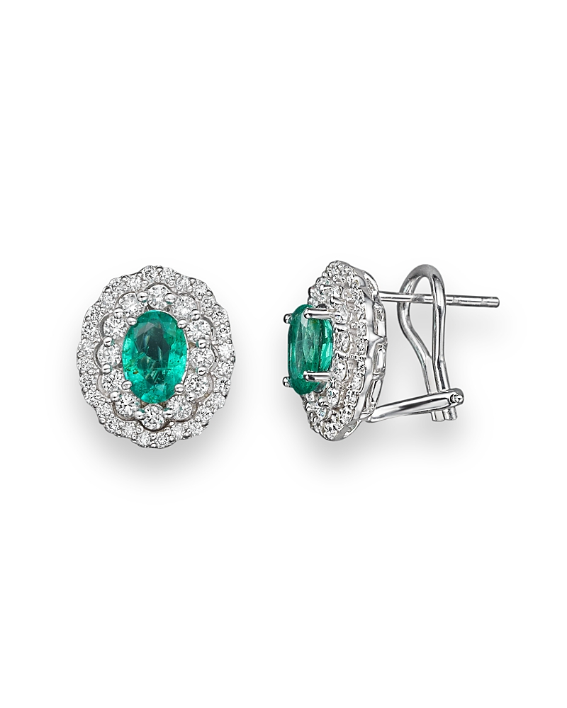 Emerald and Diamond Oval Stud Earrings in 14K White Gold