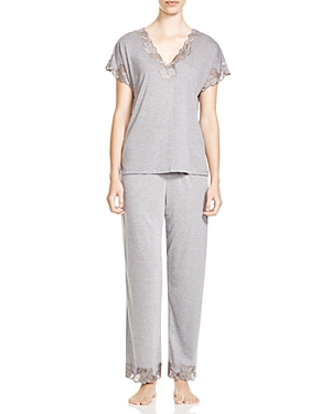 Shop Natori Zen Floral Lace-trim Short Sleeve Pajama Set In Heather Gray