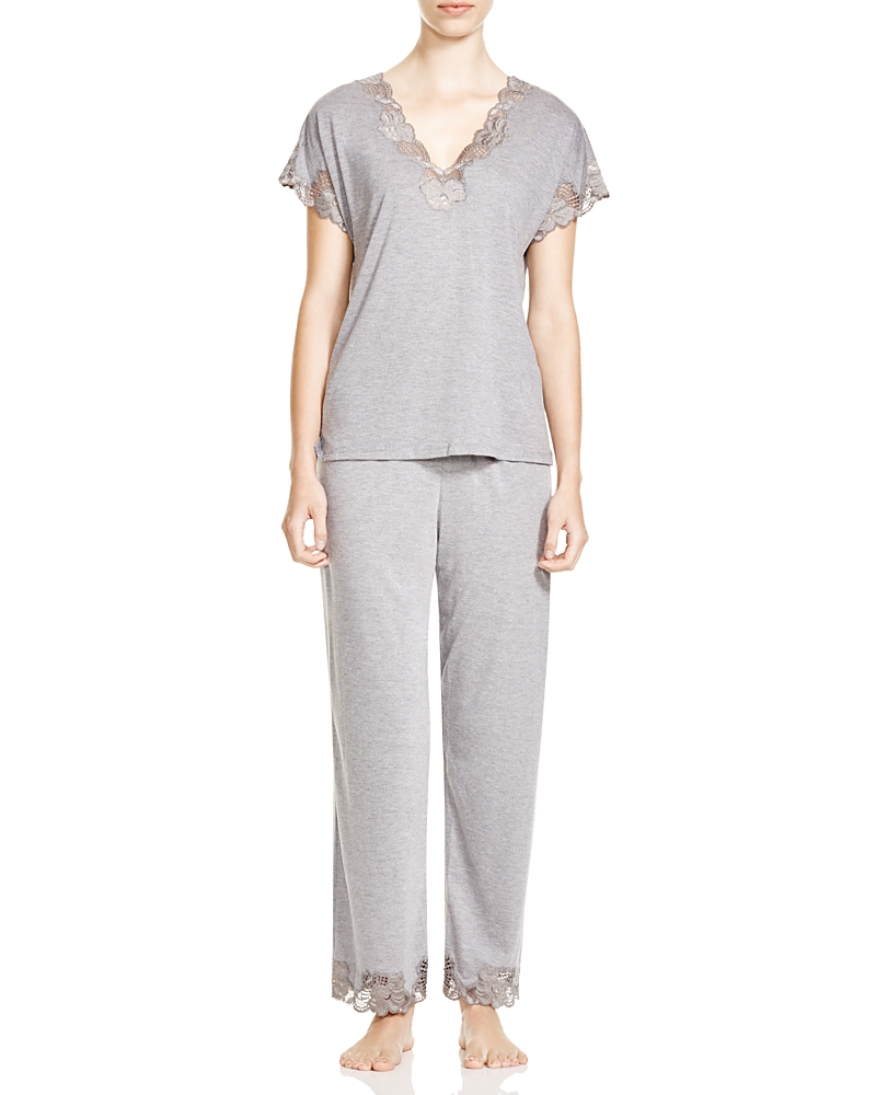 NATORI ZEN FLORAL LACE-TRIM SHORT SLEEVE PAJAMA SET