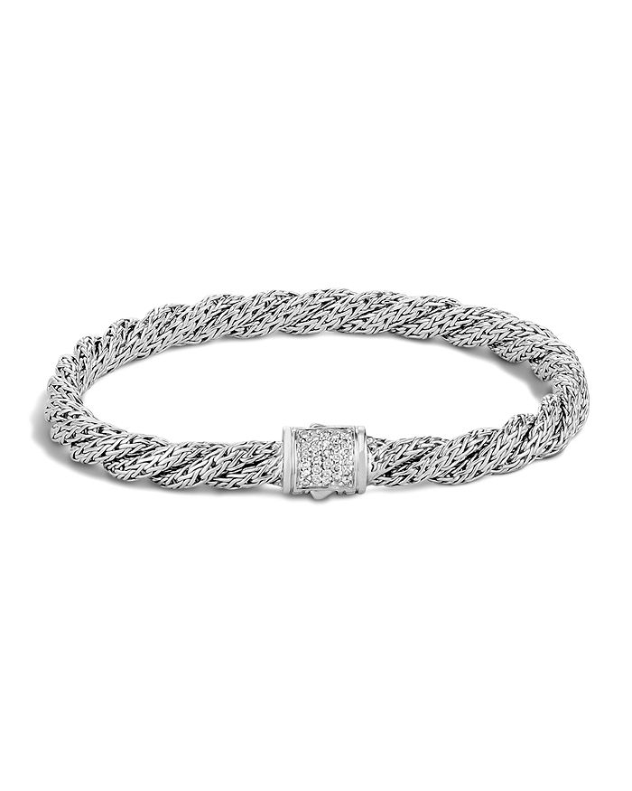 JOHN HARDY CLASSIC CHAIN STERLING SILVER EXTRA SMALL FLAT TWISTED CHAIN BRACELET WITH DIAMOND PAVE,BBP996972DIXM