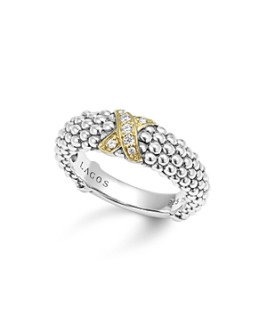 Lagos 18K Gold and Sterling Silver X Collection Diamond Caviar Ring